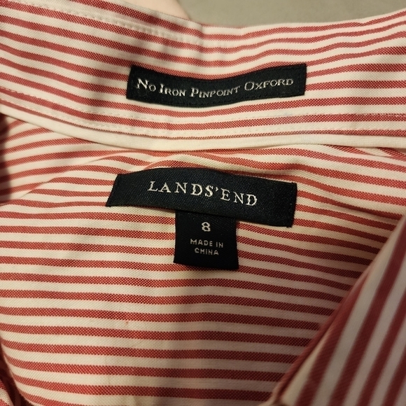 Land's End Red White Stripe Button Shirt No Iron Pinpoint Oxford Women's 8 EUC - Picture 5 of 6